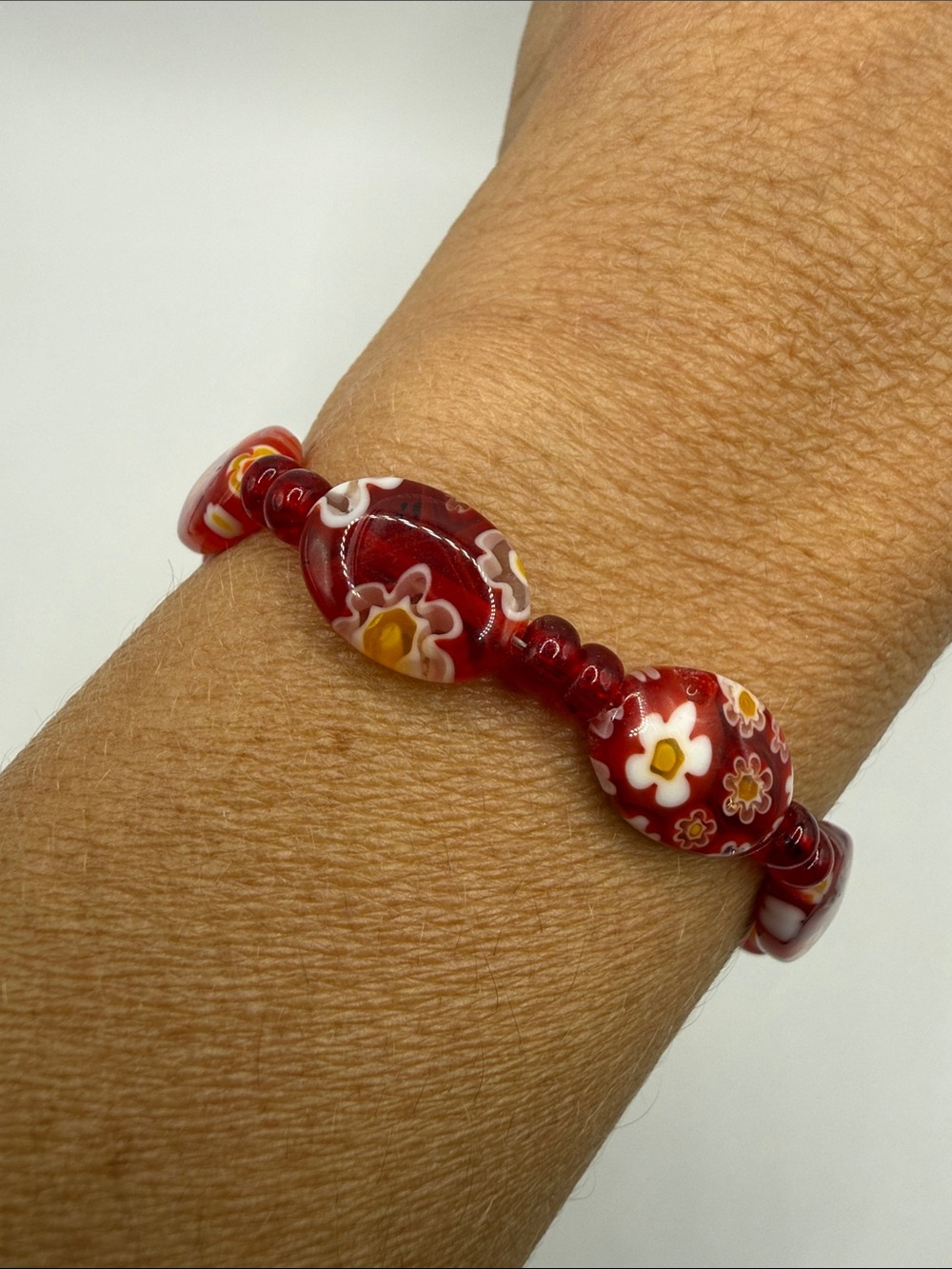 Vintage Boho Red Floral Flower Beaded Bangle Cuff Statement Bracelet